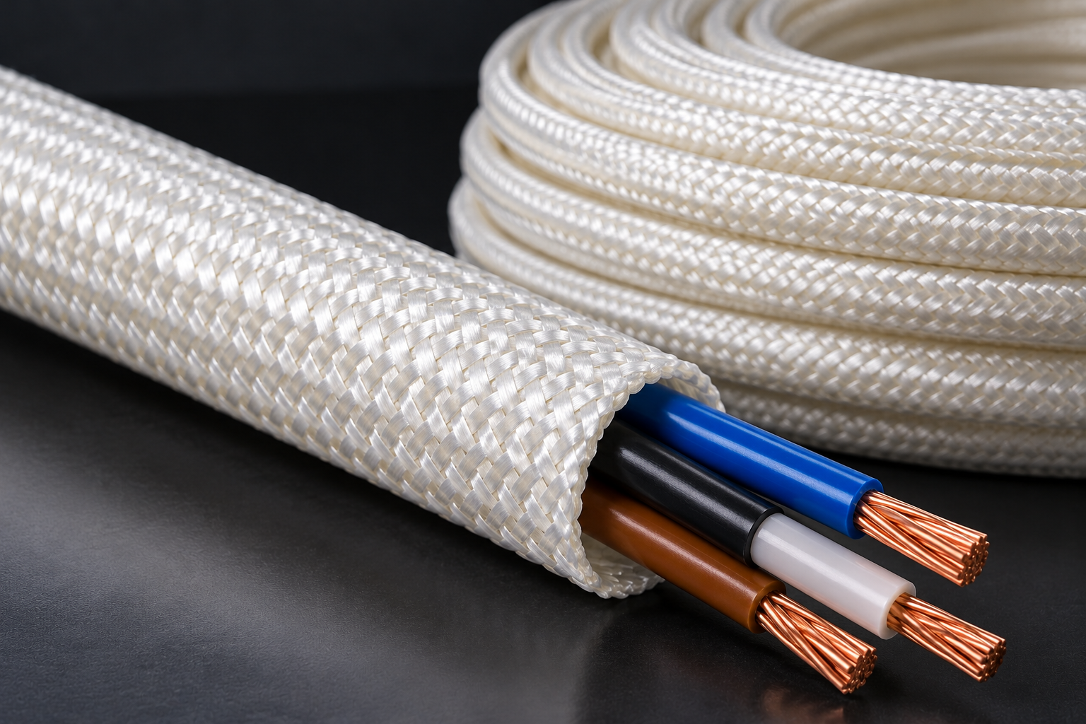 B-Class fiberglass sleeve with insulation varnish — braided sleeving with exposed copper wires