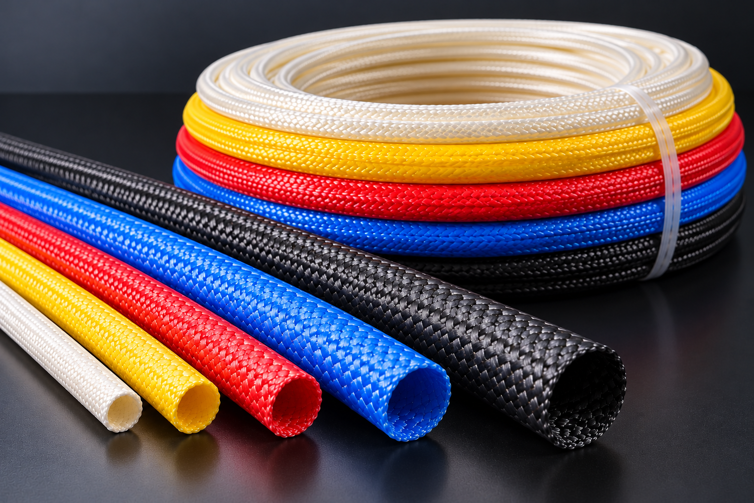 Coloured F-Class fiberglass sleeve — colorful braided cable sleeving display