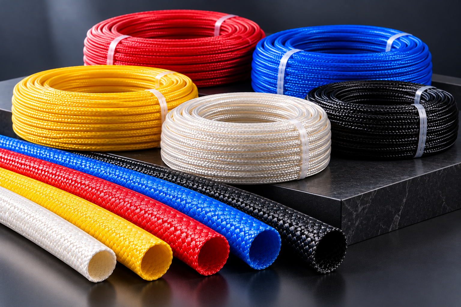 Coloured B-Class fiberglass sleeve — colorful braided sleeving product display